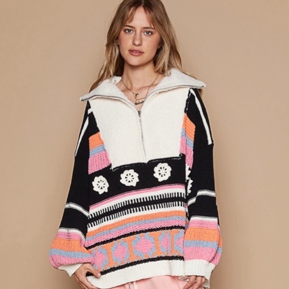 99. POL LAST 1! Ski Pullover Sweater Oversized Chenille Flower Long Sleeve Zip - Picture 2 of 6
